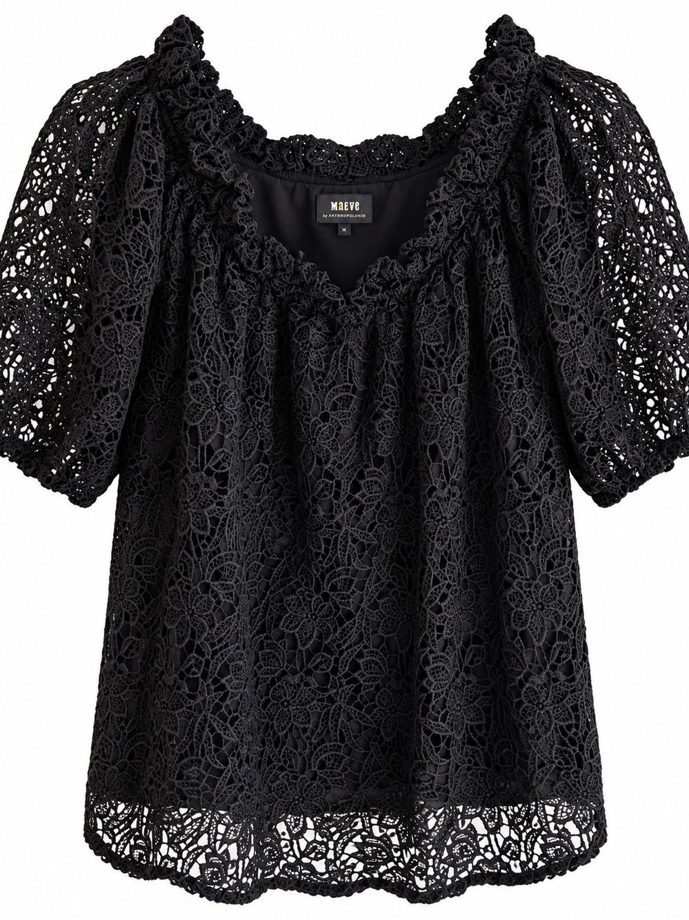 Maeve by Anthropologie Black Crochet Lace Puff Sleeve Blouse Top S Boho Office